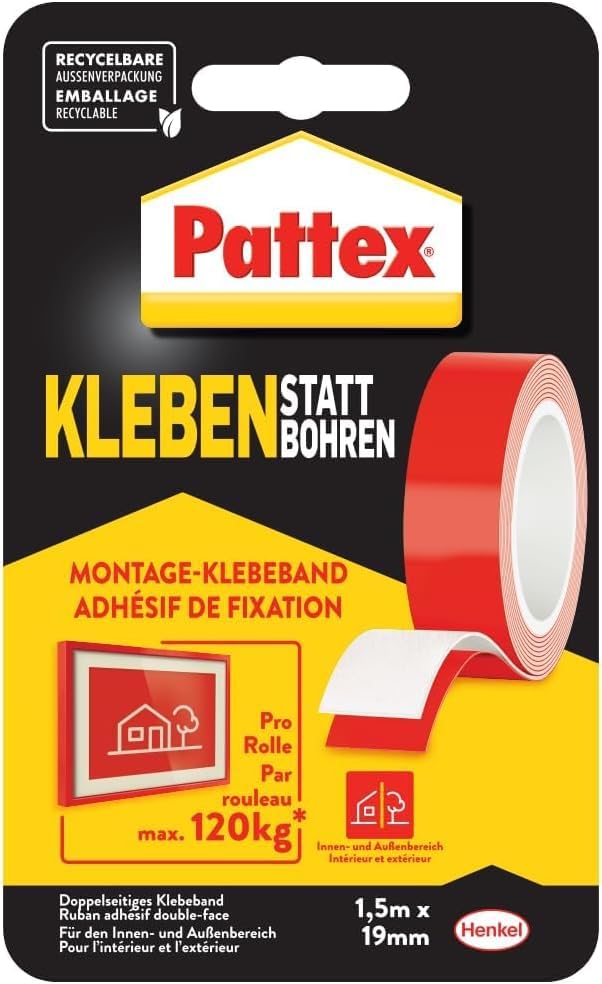 (-33%) Pattex Kleben statt Bohren Klebeband, doppelseitig, Weiß, 19mm x 1,5m