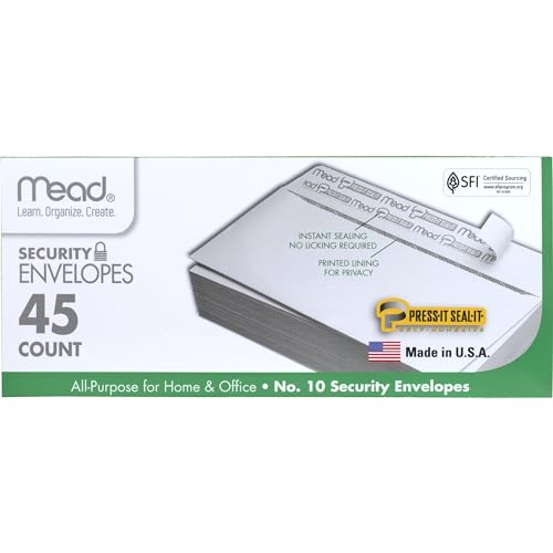 Mead #10 Security Business Envelopes Letter Size 4-1/8" x 9-1/2" – Peel and Seal, Privacy Lined, No-Window, Press-It Seal-It Self-Adhesive for Home & Office Mailing, 45 Count (75026)