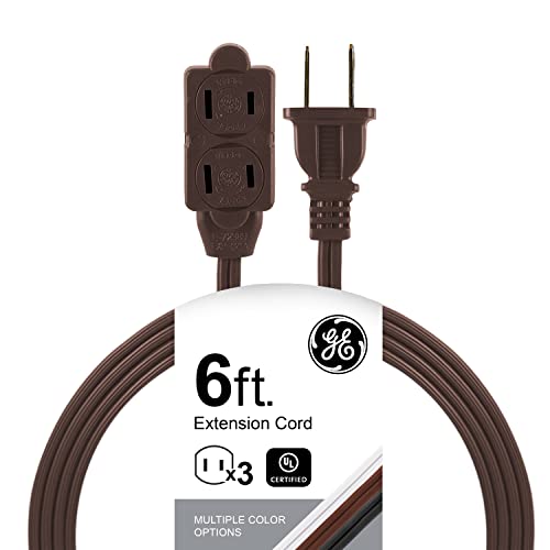 GE 3-Outlet Extension Cord with Multiple Outlets 6 Ft Power Strip 2 Prong 16 Gauge Twist-to-Close Safety Covers Outdoor Extender UL Listed Brown 51932
