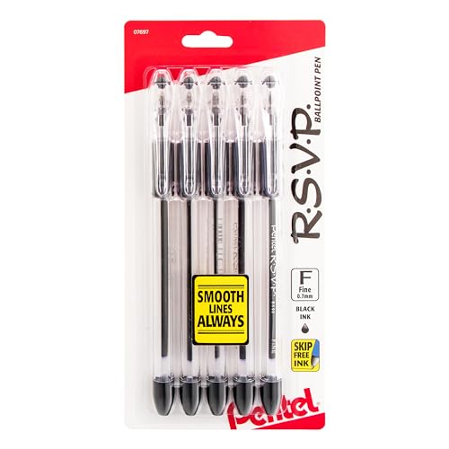 Pentel® R.S.V.P.® Ballpoint Pens, Fine Point, 0.7 mm, Clear Barrel, Black Ink, Pack Of 5