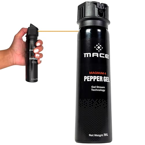 Mace Pepper Gel - Magnum 4, 79g, 20 Feet Range, No Wind Blowback, Max Strength 10% OC Formula, Long Lasting UV Dye, Flip Top Safety Cap, Self Defense Pepper Spray Gel for Women & Men - Black
