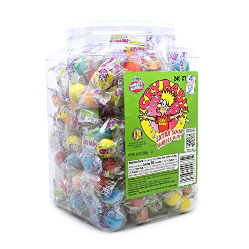 Dubble Bubble Cry Baby Extra Sour Bubble Gum - 240 Count Resealable Jar of Individually Wrapped Gumballs – Peanut Free, Gluten Free – 5 Flavors, 38 Oz (Pack of 1)