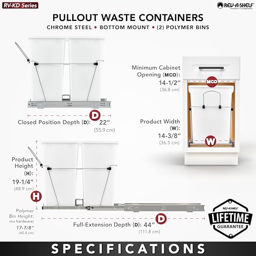 Rev-A-Shelf RV-18KD-18C S Double Pullout Trash Can for Kitchen Cabinets 35 Qt Garbage Recycling Bin on Full Extension Slides, Black