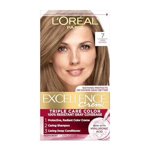 L'Oreal Paris Excellence Crème Permanent Hair Dye, Triple Care Hair Color with Pro-Keratine Complex for 100% Gray Hair Coverage, 7 Dark Blonde, 1 Kit