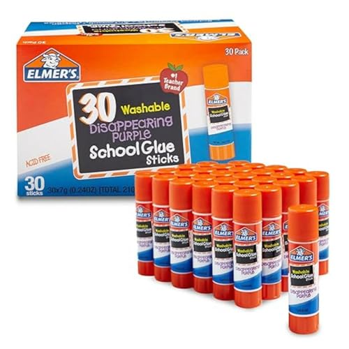 Elmer’s Disappearing Purple School Glue Sticks, Washable, 7g, 30 Count - Bulk Pack for Classrooms, 1 Teacher Brand