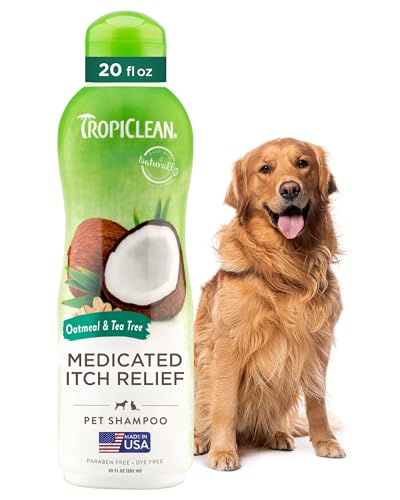 TropiClean Oatmeal Dog Shampoo for Itchy Skin Relief, Soothing Medicated Itch Relief, with Vitamin E, Puppy Safe, Made in USA, Cat Friendly, 20 oz.