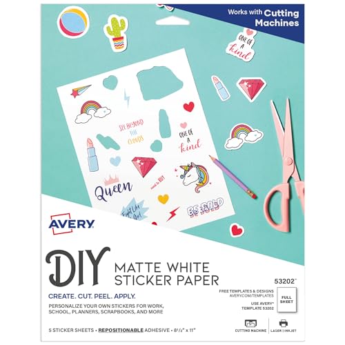 Avery Printable Sticker Paper, 8.5" x 11", Matte White, Repositionable Adhesive, Laser/Inkjet Compatible, 5 Full-Size Label Sheets, Great for Product Branding, Cute Stickers, Crafts, and More (53202)