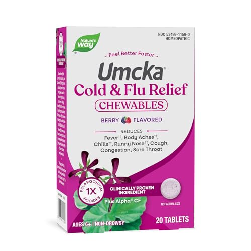 Nature's Way Cold+Flu Relief, Umcka, Shortens Duration and Reduces Severity, Multi-Symptom Relief, Homeopathic, Phenylephrine Free, Non-Drowsy, Berry Flavored, 20 Chewable Tablets (Packaging May Vary)