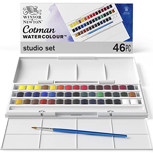 Winsor & Newton Cotman Watercolor Paint Set, Studio Set, 45 Half Pan w/ Brush