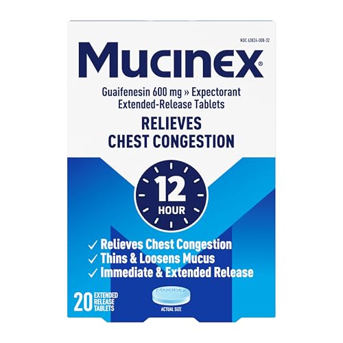 Mucinex Chest Congestion, Expectorant 12 Hour Extended Release Tablets, 20ct, 600mg Guaifenesin with Extended Relief of Chest Congestion Caused by Excess Mucus. Thins and Loosens Mucus
