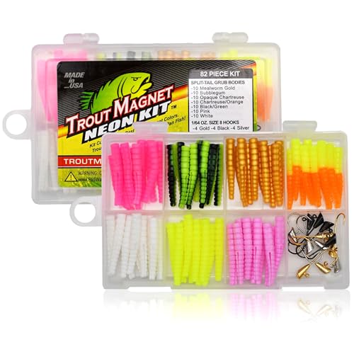 Trout Magnet 82 Piece Neon Fishing Kit, Catches All Types of Fish, Includes 70 Grub Bodies And 12 Size 8 Hooks, Orange,Green,White,Silver