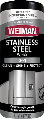 Weiman Stainless Steel Cleaner, 30 Count Cleaning Wipes, Removes Dirt, Grime, and Grease, No Streaks or Residue, Stainless Steel Polish for a Sparkling Clean and Shiny Surface, Cleaning Supplies