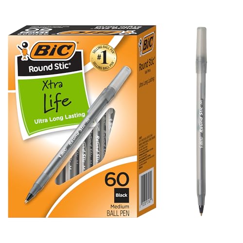 BIC Round Stic Xtra Life Ballpoint Pen, Ultra Long Lasting and Consistent Ink Flow, 60-Count in Black Ink