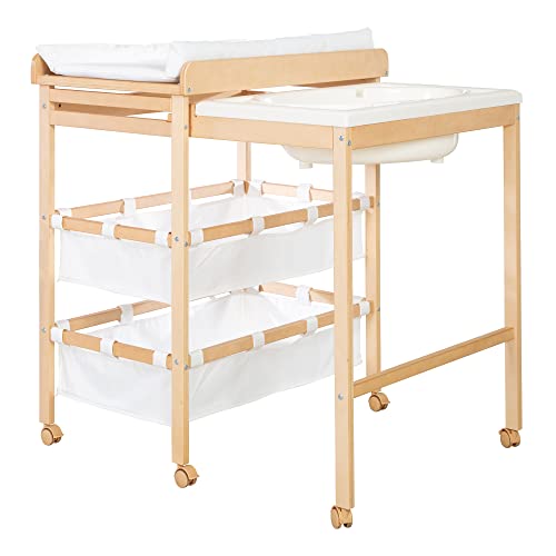 (-49%) roba Bade Wickel Kombi Baby Pool - Wickeltisch ausziehbar mit integrierter Badewanne - Mobile Kombination aus Holz natur - Inkl. Wickelauflage weiß, 1 Stück (1er Pack)