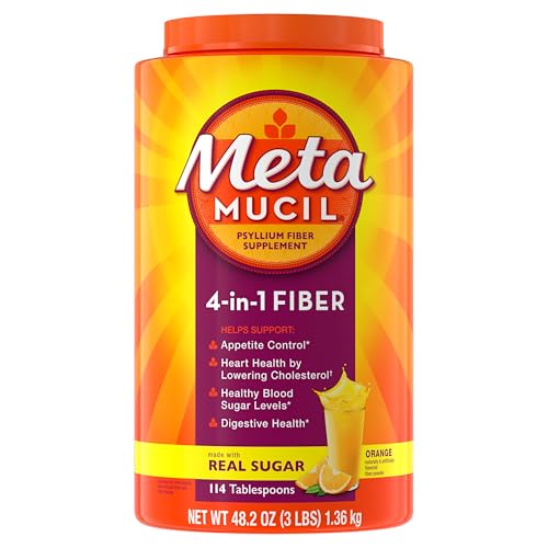Metamucil 4-in-1 Psyllium Husk Fiber Supplement, Real Sugar, 114 tablespoons, Orange Flavored, Daily Fiber Powder for Digestive Health, made with Plant-Based Psyllium Husk Fiber