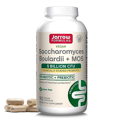 Jarrow Formulas Saccharomyces Boulardii Probiotics + MOS 5 Billion CFU Probiotic Yeast for Intestinal Health Support, Gut Health Supplements for Women and Men, 90 Veggie Capsules, 90 Day Supply