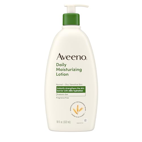 Aveeno Daily Moisturizing Body Lotion for Dry Skin with Prebiotic Oat, Fragrance & Paraben Free, Non-Greasy, Non-Comedogenic, for Sensitive Skin & 72-Hour Moisturizer 18 Fl Oz