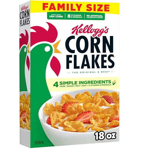 Kellogg's Corn Flakes Breakfast Cereal, Kids Cereal, Family Breakfast, Family Size, Original, 18oz Box (1 Box)