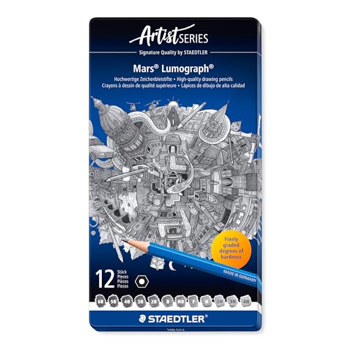STAEDTLER Mars Lumograph Art Drawing Pencils (12-Pack) – Sustainable, Break-Resistant Graphite, Metal Case
