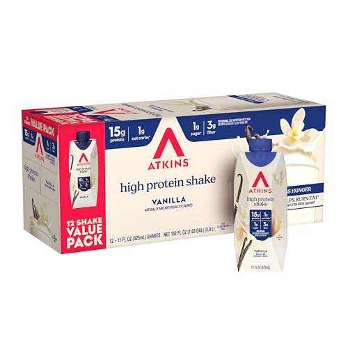 Atkins Creamy Vanilla High Protein Shake, 15g Protein, Low Glycemic, Low Carb and Low Sugar Shakes, Keto Friendly, 12 Vanilla Flavored Protein Shakes