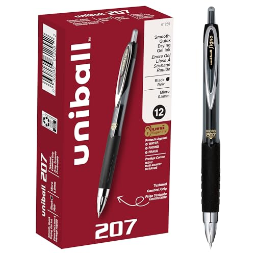 uniball 207 Retractable Gel Pens, Micro Point (0.5mm), Black, 12 Pack