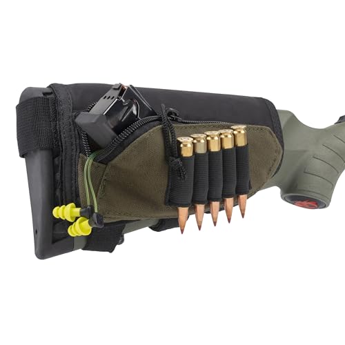 Allen Deluxe Buttstock Shell Holder - 5 Cartridge Rifle Carrier with Accessory Pouch, Adjustable Hook & Loop, Plush Cheek Rest