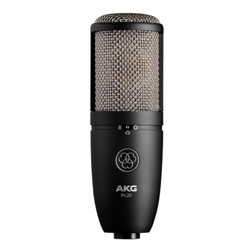 AKG Pro Audio P420 Multi-Pattern Condenser Microphone with Shock Mount and Case. Great for ensemble recording, grand piano, woodwind, brass instruments, drums and percussion. Black and Gold.