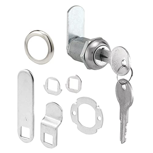 Prime-Line U 9943 Diecast Drawer and Cabinet Lock – 3 Cams, Trim Collar, 2 Washers, 2 Keys and Fasteners – 7/8 In. Length for 9/16 In. Max Panel Thickness, Stainless Steel (1 Set)