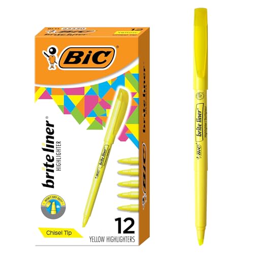 BIC Brite Liner Highlighters, Chisel Tip, 12-Count Pack of Yellow Highlighters, Ideal Highlighter Set for Organizing and Coloring
