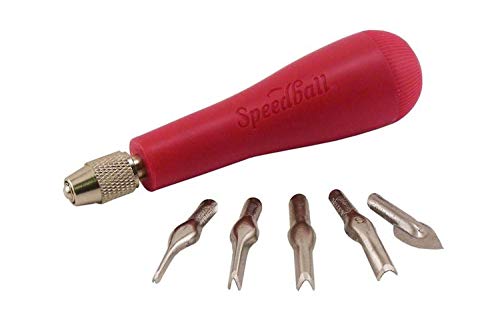 Speedball 4131 Linoleum Cutter – 5 Assorted Lino Cutters Includes Plastic Storage Handle, Made in The USA