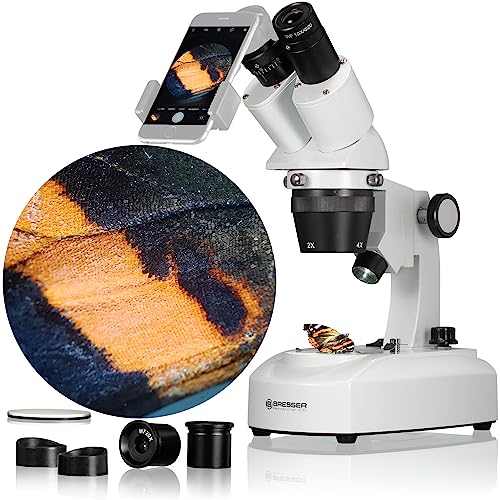 Bresser 3D Stereo Auflicht Durchlicht Mikroskop Researcher ICD LED 20x-80x mit 360° drehbarem Tubus, LED Beleuchtung mit Akku- oder Netzbetrieb, für dreidimensi
