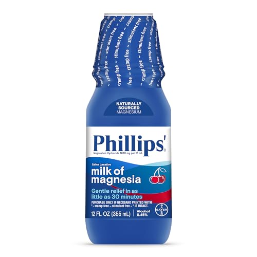 Phillips’ Milk of Magnesia Liquid Laxative, Wild Cherry Flavor, 12 oz, Stimulant & Cramp Free Relief of Occasional Constipation, #1 Milk of Magnesia Brand