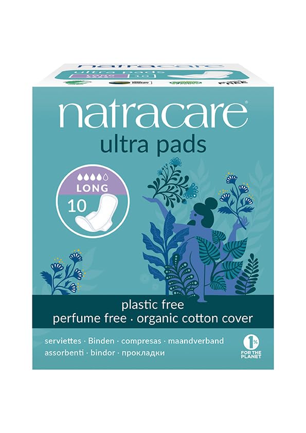Natracare Slim Fitting Ultra Pads with Wings, Long, Made with Certified Organic Cotton, Ecologically Certified Cellulose Pulp and Plant Starch (1 Pack, 10 Pads Total)