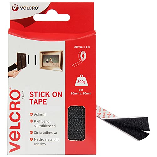 VELCRO® Brand | Stick On Tape | Cut-to-Length Strong Hook & Loop Self Adhesive Sticky Tape Perfect for Room Décor & Home, Office, Garage Use | Black | 20mm x 1m