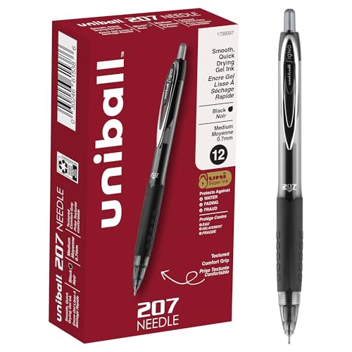 uniball Signo 207 Needle Point Gel Pen, Retractable, Medium 0.7 Mm, Black Ink, Black Barrel, Dozen
