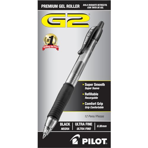 Pilot, G2 Premium Gel Roller Pens, Ultra Fine Point Gel Pens 0.38 mm, Pack of 12, Black