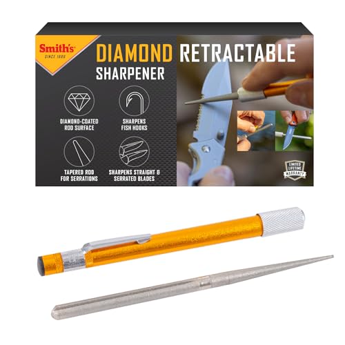 Smith’s 51446 Diamond Retractable Sharpener – Gold – Reversible Rod – Compact – Knife & Hook Sharpener – Straight & Serrated