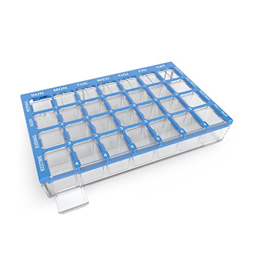 EZY DOSE Weekly (7-Day) Pill Organizer, Vitamin and Medicine Box, Medium Compartments with Easy Fill Tray, 4 Times a Day