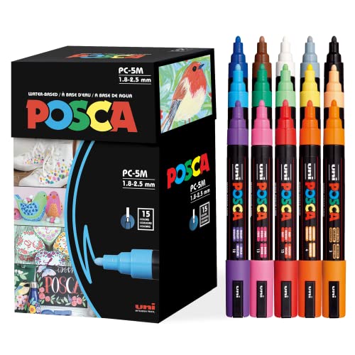 Posca Paint Art Markers, Set of 15 5M Medium Posca Markers with Reversible Tips, Set of Acrylic Paint Pens for Gifts, Decorations Fabric, Metal, Glass, Wood and Canvas