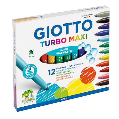 Giotto 454000 Turbo Pennarelli, Turbo Maxi Punta Larga, 5 mm, Confezione da 12, Assortiti