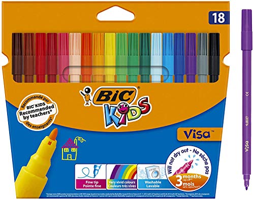 BIC Kids Visa Feutres de Coloriage à Pointe Fine, Lavables, Encre à base d'eau - Couleurs Assorties, Etui Carton de 18
