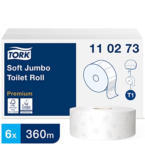 🔥 STARKER PREIS (-35%) Tork 110273 weiches Jumbo Toilettenpapier in Premium Qualität für das Tork T1 Jumbo Toilettenpapiersystem / Toilettenpapier 2-lagig in hellem Weiß / mit Lorbeerblatt-Prägung, 6 x 1.800 Blatt