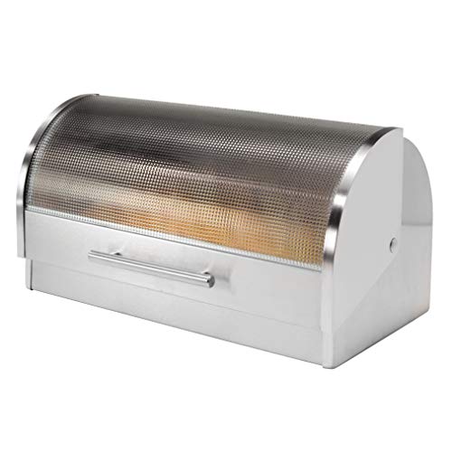 Oggi Stainless Steel Roll Top Bread Box for Kitchen Countertop with Tempered Glass Lid - Fits Multiple Large Loaves of Bread and Other Freshly Baked Goods Including Cookies, Bagels, Muffins