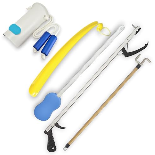 Essential Medical Supply Hip and Knee Surgery Recovery Kit - Includes Sock Aid, Shoehorn, Long Handles Sponge, Dressing Stick and Reacher for Seniors Recovering from Hip Replacement or Surgery