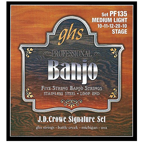 GHS Strings - 5-String Banjo Strings - J.D. Crowe Signature Set (Stage) Loop End - Medium Light Gauge - 010-020 - Model: PF135 SET
