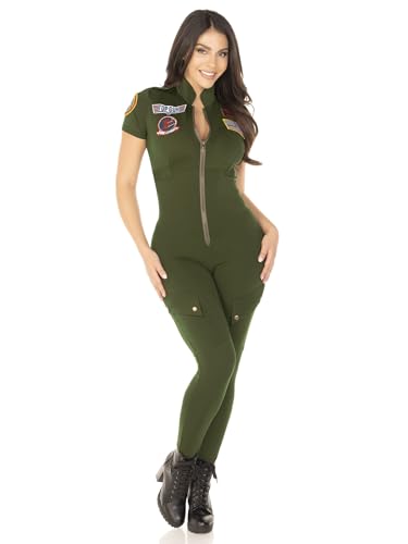 Leg Avenue Womens Licensed Top Gun Costume Women Flight Suit with Interchangeable Name Tag, LARGE, Khaki