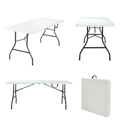 Cosco 6ft Fold-in-Half Blow Molded Folding Table, Indoor/Outdoor, Comfort Handle, Lightweight Plastic Construction - White