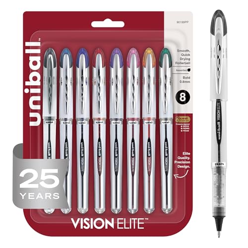 uni-ball® Vision™ Elite™ Liquid Ink Rollerball Pens, Bold Point, 0.8 mm, Black Barrel, Assorted Ink Colors, Pack Of 8