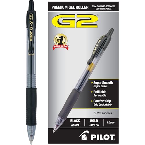 Pilot G2 Premium Gel Pens, Black Pens, Bold Point 1 mm, 12 Black