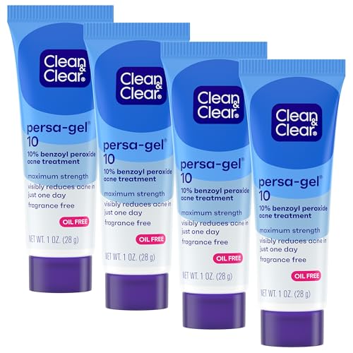 Clean & Clear Persa-Gel 10 Oil-Free Acne Spot Treatment with Maximum Strength 10% Benzoyl Peroxide, Topical Pimple Cream & Acne Gel Medication for Face Acne, Fragrance-Free, 1 fl. oz, 4 Pack